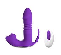 BeHorny Clitoris Sucker Vibrating Clitoral Sucking & Thrusting Vibrator with Remote Control, Purple, Medical Grade Silicone