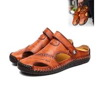 behound Mutlon Sandals, Men'S Casual Closed Toe Leather Handmade Sandals, Waterproof Summer Soft Mules Men'S Leather Sandals (Red-Brown,42)