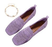 behound Women Comfortable Arch Support Non-Slip Flat Shoes, Plus Size Womens Lightweight Breathable Knit Square Toe Flats, Ladies Comfort Slip Ons Orthopaedic Walking Shoes (Purple,41)