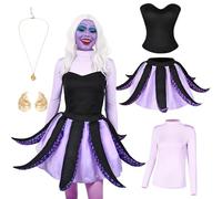 Behufun Ursula Costume Women, 5Pcs Womens Halloween Costumes Outfit, Adult Ursula Costume Sea Witch Purple Octopus Costume, Purple, Black, Black Purple, Gold, Large