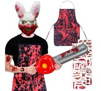 Beibeijia Horror Rabbit Costume, 4 Pieces Horror Rabbit Halloween Costumes, Rabbit Mask, Inflatable Chainsaw, Apron, Blood Stain Stickers, Adults and Teenagers, One Size Fits All (Habite)