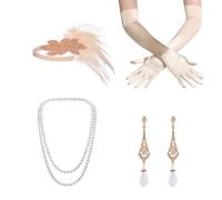 BEIBXHQQ 1 Champagne Color Suit, Headband Earrings Necklace Gloves Set, 1920s Women's Accessories, The Great Gatsby, 1920s Women's Clothing