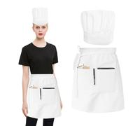 BEIBXHQQ 1 Mid-Length Apron, 1 Chef Hat, Waiter Apron, Adjustable Chef Hat, Apron with Pockets, Unisex, Chef Clothing, Catering Clothing Set (White)