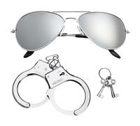 BEIBXHQQ 1 Piece Silver Sunglasses with 1 Piece Iron Handcuffs, Cosplay Suit, Predator Suit, Fashionable Sunglasses, Metal Sunglasses, Suitable for Cosplay, Stage Performance, Party