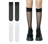 BEIBXHQQ 2 Pairs Sheer Knee High Stockings Women's Knee-High Socks， Pop Socks Knee High Elastic Soft Nylon for Women Girls (Black, White)