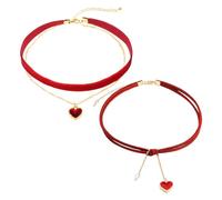 BEIBXHQQ 2 Piece Women's Heart Necklace Set - Layered Adjustable Gothic Retro Choker, Red Velvet Jewelry