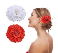 BEIBXHQQ 2 Pieces of Hair Clips, Peony Flower Hair Clips, Women's Hair Clips, Flower Hair Accessories, Red Flower Crocodile Clips, Women's Hair Jewelry, Chiffon Petal Hair Clips (Red, Off-White)