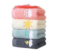 BEIBXHQQ 4-Piece Embroidered Children's Cartoon Face Towel Set, Soft Cotton, Pink, Yellow, Green, Dark Gray