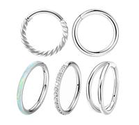 BEIBXHQQ 5 Pieces Nose Ring, Double Hinged Pierced Nose Ring, Zircon Nose Earring Hoop, Twist Hoop, Multi-purpose Closure Ring, Body Piercing Jewelry (Silver)