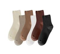 BEIBXHQQ 6 Pairs Mid-Calf Socks with Vertical Pattern, Women's Knitted Socks, Pure Cotton Women's Socks, High Socks (Khaki, Milk Tea, Caramel, White, Milk White, Black)