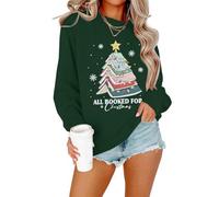 BEIDEFY Book Christmas Tree Sweatshirt for Women All Booked For Christmas Long Sleeve Shirt Librarian Christmas Holiday Tops, Green, Medium