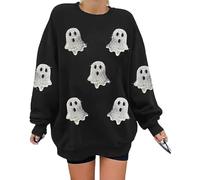 BEIDEFY Halloween Sweatshirts for Women Sequin Ghost Long Sleeve Shirt Oversized Spooky Season Pullover Tops, Black, Medium