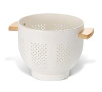beifeier Metal Colander for Kitchen with Wooden Handle and Sturdy Base, 5.5 Quart Large Strainer for Draining Pasta Vegetable Fruit, Durable Kitchen Essentials (Cream)