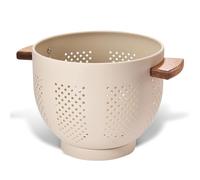 beifeier Metal Colander for Kitchen with Wooden Handle and Sturdy Base, 5.5 Quart Large Strainer for Draining Pasta Vegetable Fruit, Durable Kitchen Essentials (Matte Sandyellow)