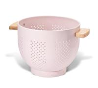 beifeier Metal Colander for Kitchen with Wooden Handle and Sturdy Base, 5.5 Quart Large Strainer for Draining Pasta Vegetable Fruit, Durable Kitchen Essentials (Pink)