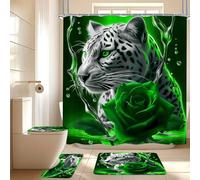 beifivcl 4PCS Green Rose and Leopard Shower Curtain Bathroom Set with Non-Slip Rugs, Toilet Lid Cover and Bath Mat, Green Bathroom Decor Set Accessories Shower Curtains with 12 Hooks, 72 x 72 Inch