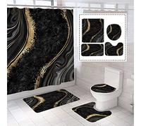 beifivcl 4Pcs Luxury Marble Shower Curtain Sets, Bathroom Décor Sets with Shower Curtain, Toilet Lid Rug, Contour and Bath Mat with 12 Hooks (72 x 72 Inch), Black