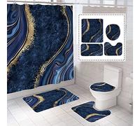 BEIFIVCL 4Pcs Luxury Marble Shower Curtain Sets, Bathroom Set with Shower Curtain,Toilet Lid Rug, Contour Mat and Bath Mat, Shower Curtain with 12 Hooks for Bathroom Sets Decor 72 x 72 Inch, Navy Blue