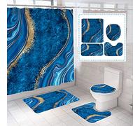 beifivcl 4Pcs Luxury Marble Shower Curtain Sets, Toilet Lid Rug,Bath Mat and Contour Mat, Shower Curtain with 12 Hooks for Bathroom Set Decor 72 x 72 Inch, Blue