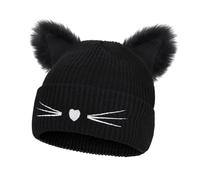 beifon Womens Winter Warm Cute Cat Ears Beanie Hat Thermal Knit Crochet Braided Fashion Hats Soft Ski Snowboard Hat Double Faux Fur Bobble Pom Pom Cat Hat for Girls Ladies Valentines Gifts Black
