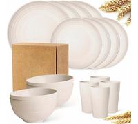 (Beige 16-piece Set, One size) 16pcs/set Unbreakable Dinner Plates, Supernal Wheat Straw Dinnerware Sets, Microwave Dishwasher Safe, Reusable Dinnerware, Black Set 8pcs Plates, 4pcs