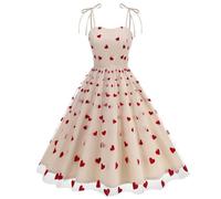Beige 1950s Dresses for Women - Elegant, Heart Print, A Line, Mesh, Tulle, Sleeveless, Spaghetti Strap, Swing, Vintage, Cocktail, Party, Wedding Guest Dress