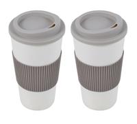 (Beige, 2) 450ml Double Wall Drinking Cup Warm Coffee Tea Travel Reusable Mug Screw On Lid
