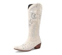 Beige,34,Women's Embroidered Cowgirl Cowboy Boots, Fashion Square Toe Rhinestone Mid Calf Snip Toe Western Boot, Winter Chunky Heel Side Zipper Knee High Boot