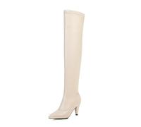 Beige,4.5 UK,Womens Chunky Kitten Heel Over The Knee Boots Pointed Toe Thigh High Boot Elasticity PU Leather Pull on Wide Calf Design and Comfy