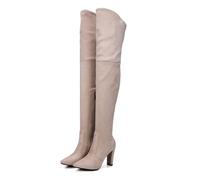 Beige,4 UK,Womens Thigh High Block Heel Over The Knee Boots Faux Suede Elasticity Long Boots Pointed Toe Side Zip Tall Boots for Winter Fall