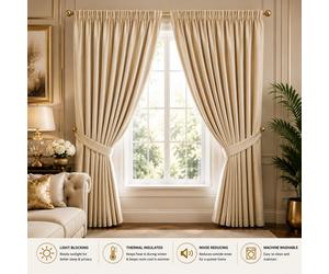 (Beige, 46" x 54") Thermal Insulated Curtain 100% Blackout Curtains Pencil Pleat Ready Made Pair of Curtain Panel with Tie Backs