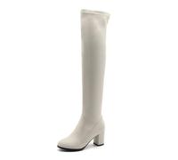 Beige,7.5 UK,Womens Thigh High Chunky Block Heel Over The Knee Boots Round Toe Long Boots Elasticity PU Leather Pull on Wide Calf Design and Comfy