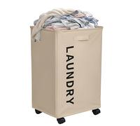 Beige 80L Tall Laundry Basket with Wheels Collapsible Rectangular Hamper Freestanding Washing Bin with Aluminum Frame Heavy Duty 600D Oxford Fabric 4 Support Rods Foldable Clothes Organizer