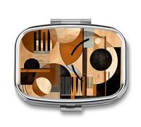 Beige and Black Objects Pill Box 2 Compartment, Portable Pill Case with Mirror for Pocket Purse Travel, Mini Metal Medicine Organizer for Vitamins Fish Oil