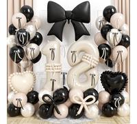 Beige Balloon Number 18 for 18th Birthday Decorations Girls, Double Stuff Pearl White Black Cream Balloon with Large Bow Heart Foil Balloons for Coquette 18 Year Old Birthday Anniversary Party Decor