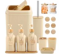 Beige Bathroom Accessories Set - 17PCS with Trash Can, Lotion Soap Dispenser, Toothbrush Holder, Wood Tags for Kitchen & Bathroom