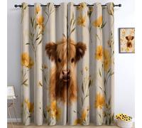 Beige Blackout Curtains 46” W x 54” L Thermal Insulated Curtains, Soft Watercolour Animal Highland Cow Wildflowers Opaque Eyelet Light Blocking Window Drapes for Bedroom and Living Room