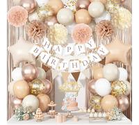 Beige Brown Birthday Decorations for Women, Gold Neutral Cream Sand White Party Balloon Kit with Boho Happy Birthday Banner Fringe Curtain Background Pom Pom Cake Topper for Boy Girl Men Bday Supplies