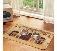 Beige Brown House and Fruit Pet Feeding Mat 40x60cm, Absorbent Dog Mat for Food and Water Bowl, PU Leather Cat Food Mat Waterproof Dog Bowl Mats Quick Dry Pet Placemats-No Stains