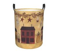 Beige Brown House And Fruit Print Collapsible Circular Laundry Hamper - Waterproof Canvas Basket With Handles For Kids Toy Storage, Dirty Clothes Organizer For Bedroom/Laundry Room