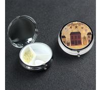 Beige Brown House and Fruit Round Pill Box 3 Compartment Cute Travel Pill Organizer Case Portable Medicine Vitamin Organizer Metal Pill Case for Women Men Travel Unique Gift