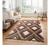 (Beige / Brown) Think Rugs Olympia GR224 Geometric Hand Carved Shaggy Rug