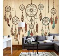 Beige Brown Wallpaper Mural Ethnic Illustration Feathers Dreamcatchers 3D Silk Fabric Walls Mural Photo Wallpaper, Art Print Decor for Living Room Kids' Bedroom Photo Wall Decoration 350x256cm