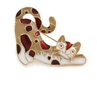 Beige/Brown/White Enamel Cat Brooch In Gold Tone Metal - 40mm Across