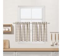 Beige Buffalo Plaid Cafe Curtains 30 Inch Length, Buffalo Check Kitchen Tier Curtains, Farmhouse Gingham Rod Pocket Short Half Window Curtain for Kitchen Bathroom, 28" W x 30" L, Linen, Set of 2