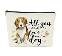 Beige Canvas Cosmetic Bag with Beagle Dog Print and Paw Pattern - Dog Lover Quote Pouch for Women, Travel Toiletry Organiser, Zippered Makeup Brush Case for Essentials Storage, Washable Small Purse