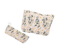 Beige Canvas Makeup Brush Bag, Zippered Cosmetic Pouch for Travel | Full-opening Zip, Widened Entrance, Daisy Print, Partitioned Interior, Thick Lining, Upright Standing, Protects Bristles