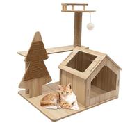 Beige Cat Tree, Density Board Nest + Jute Scratch Posts, Stable Wooden Play Tower, Small Cat Castle for Indoor Kittens, Multi-Level Activity Center with Cushioned Perch, Quick 10-Min Assembly