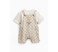 Beige Checkerboard Winnie The Pooh Print Dungarees & T-Shirt Set Up to 3 mths