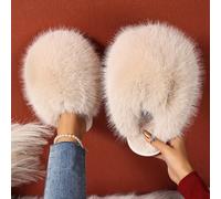 (Beige Color, 6.5-7) Cozy Fairy Style Slippers - Elegant Fluffy All-Season Solid Color - Non-Slip Rubber Sole, Comfortable Fabric Lining